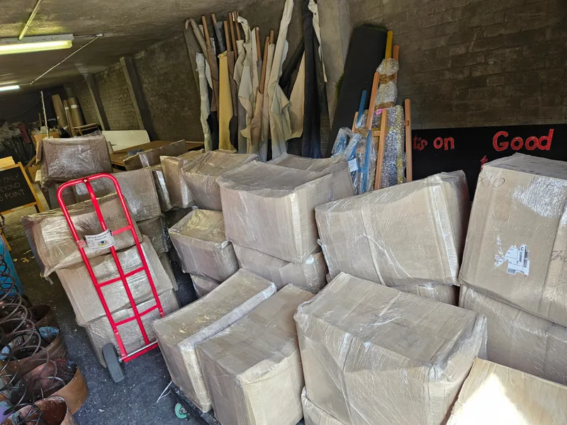 Boxes of rescued materials stored in bulk at the Scrapstore