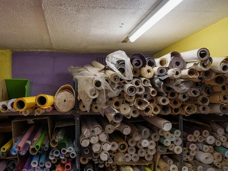 Shelves stacked with rolls of paper, card and wallpaper