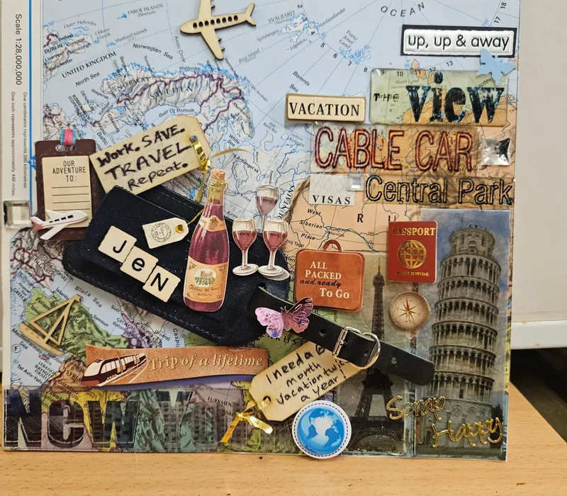 A mixed-media collage artwork made from rescued materials